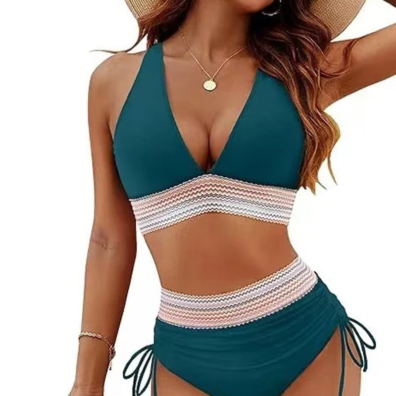 ☀️Rajoitetun ajan lomatarjous🏖️High Vyötäröiset vatsanhallintaväriset bikinisarjat Color Block Bikini Sets