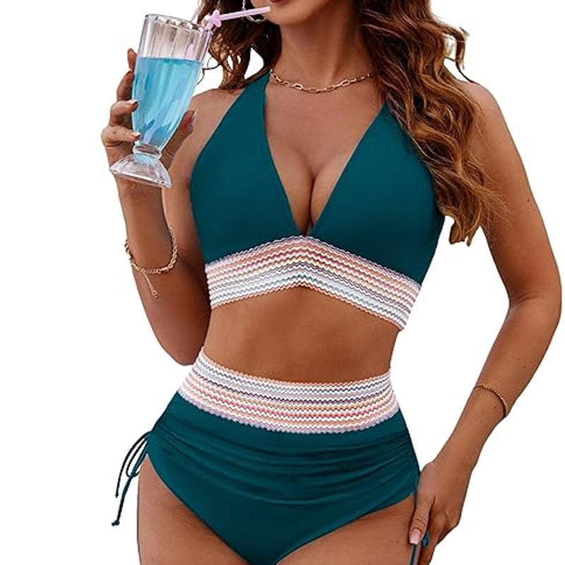 ☀️Rajoitetun ajan lomatarjous🏖️High Vyötäröiset vatsanhallintaväriset bikinisarjat Color Block Bikini Sets