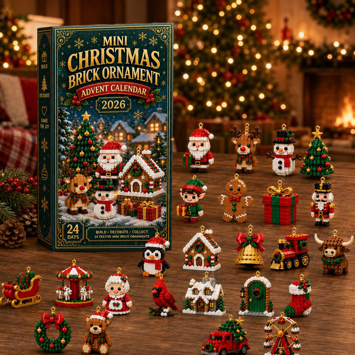 🎄Mini-calendrier de l'Avent de 24 jours avec des blocs de construction | 24 motifs de Noël uniques à assembler, avec des boucles de suspension pour les sapins de Noël, les guirlandes et les décorations de fête 🧱