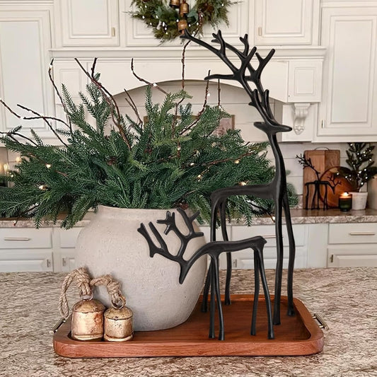 🎅Meilleures ventes de Noël 🦌Ensemble de 2 statues de rennes noirs pour décorations de Noël