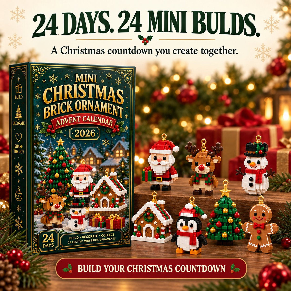 🎄Mini-calendrier de l'Avent de 24 jours avec des blocs de construction | 24 motifs de Noël uniques à assembler, avec des boucles de suspension pour les sapins de Noël, les guirlandes et les décorations de fête 🧱