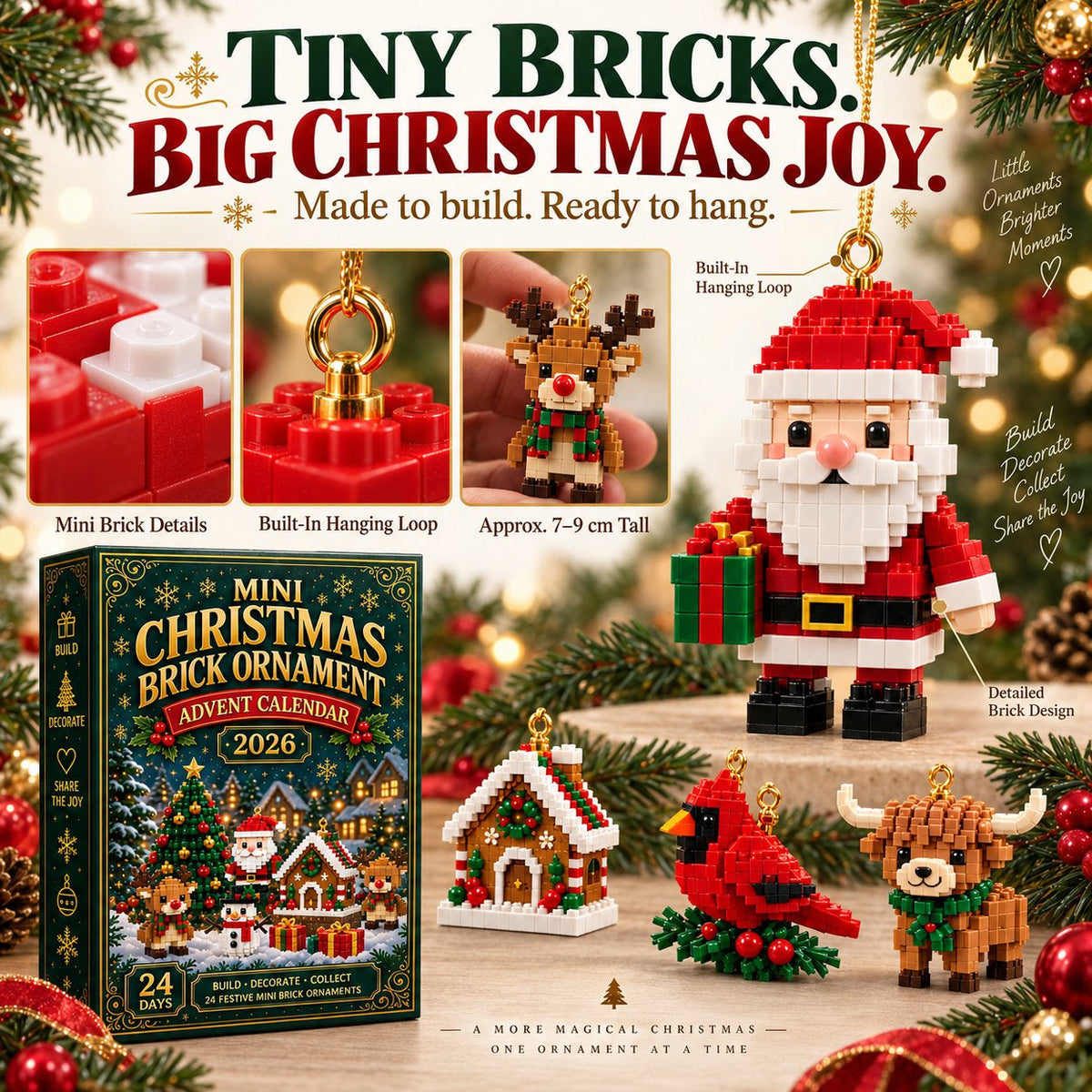 🎄Mini-calendrier de l'Avent de 24 jours avec des blocs de construction | 24 motifs de Noël uniques à assembler, avec des boucles de suspension pour les sapins de Noël, les guirlandes et les décorations de fête 🧱