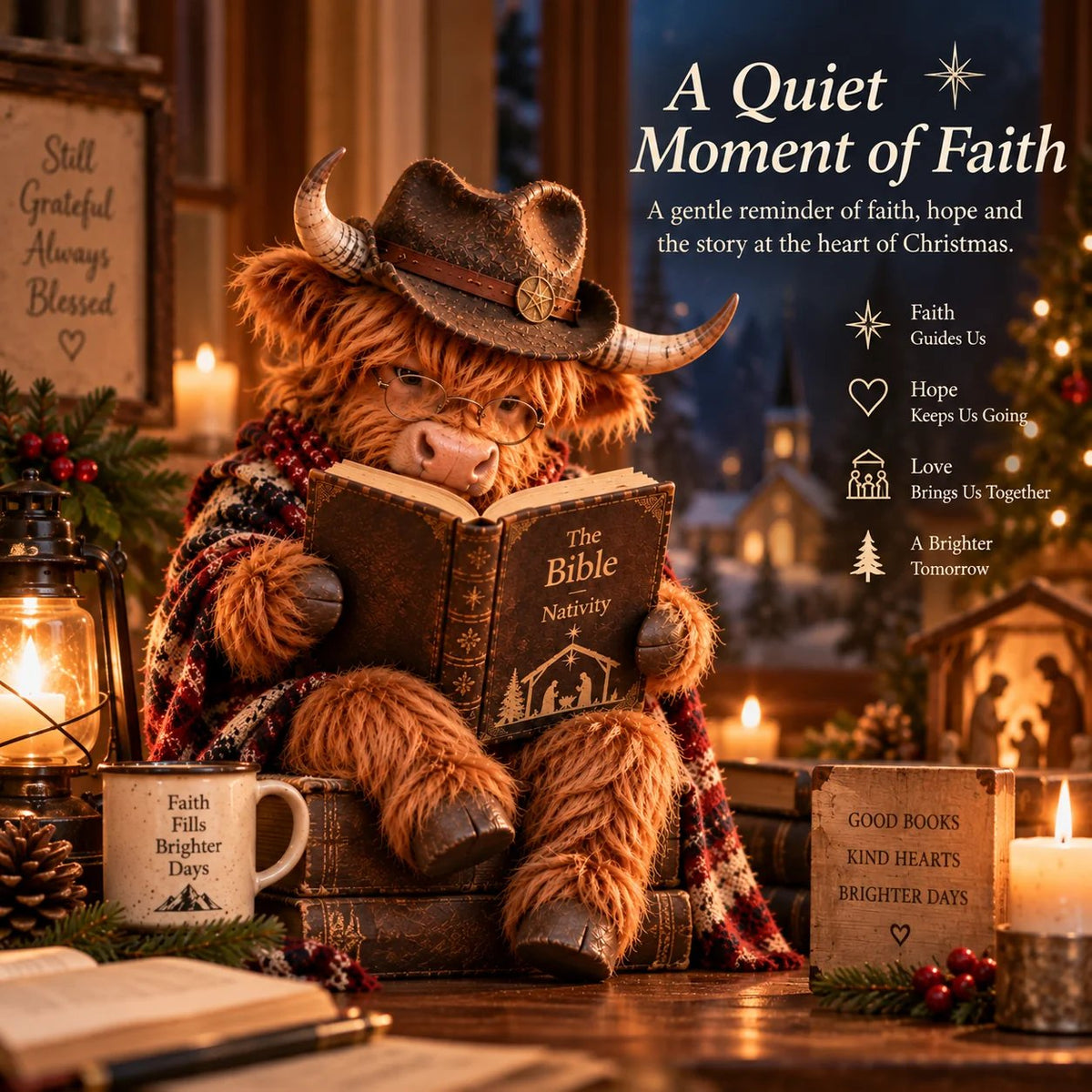 ⏳ Dernier jour : 49 % de réduction – 🐮 Figurine « Highland Cow Christmas Reader » – Cadeau pour les passionnés de lecture, inspiré par la foi