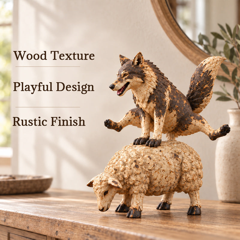 🐺Figurine amusante représentant un loup chevauchant un mouton🐑 | Statue d'animal de style rustique et champêtre