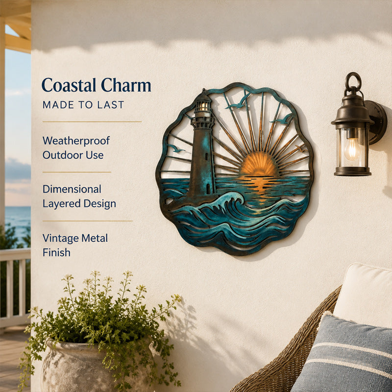 🌅 Fresque murale « Golden Harbour Lighthouse » – Décoration murale vintage en métal, style côtier⚓