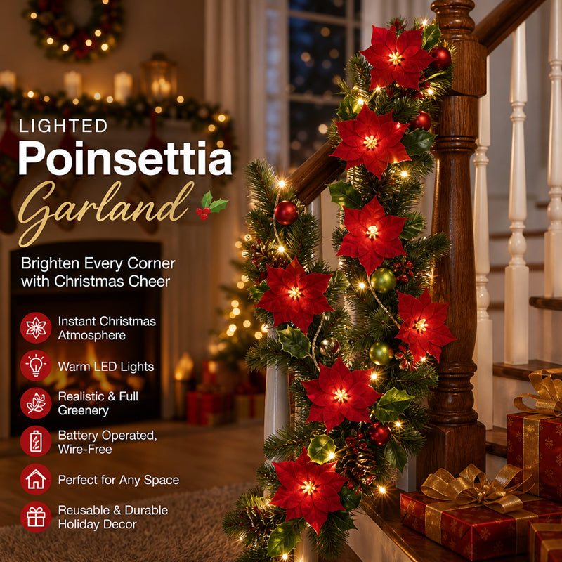 😍 🎄 Guirlande lumineuse « Étoile de Noël » – Guirlande LED de 2 m aux couleurs chaudes, ornée de fleurs rouges et de feuilles de houx