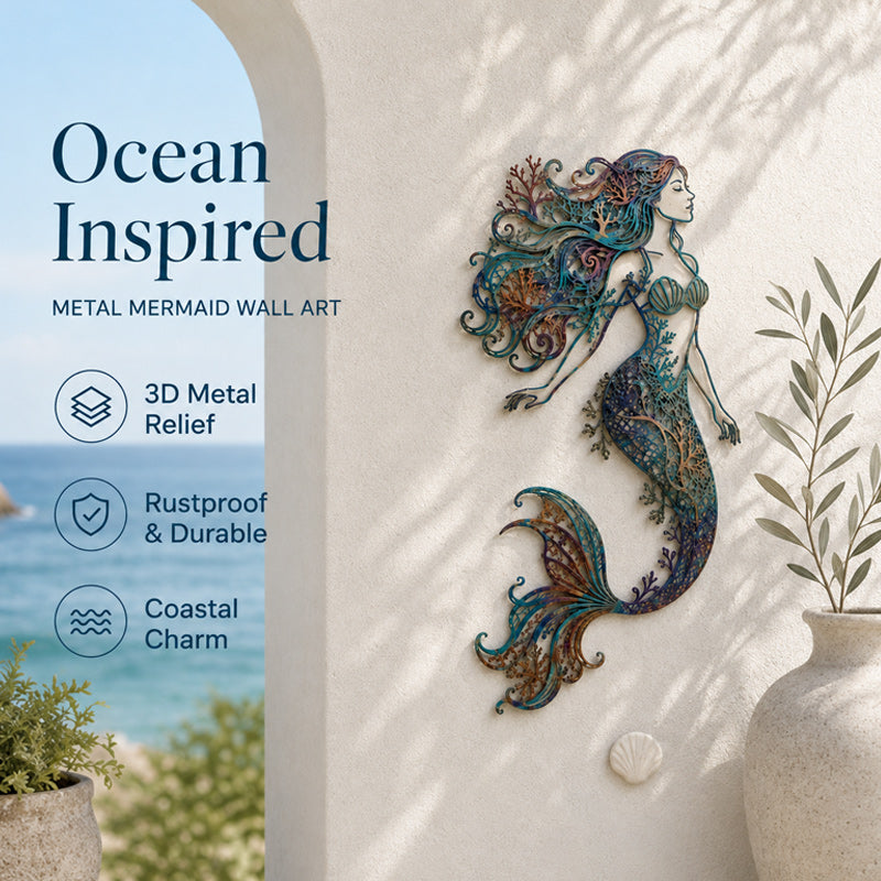 🧜Fresque murale « Deep Sea Mermaid Dream » – 🌊 Décoration murale vintage en métal ajouré sur le thème de l'océan