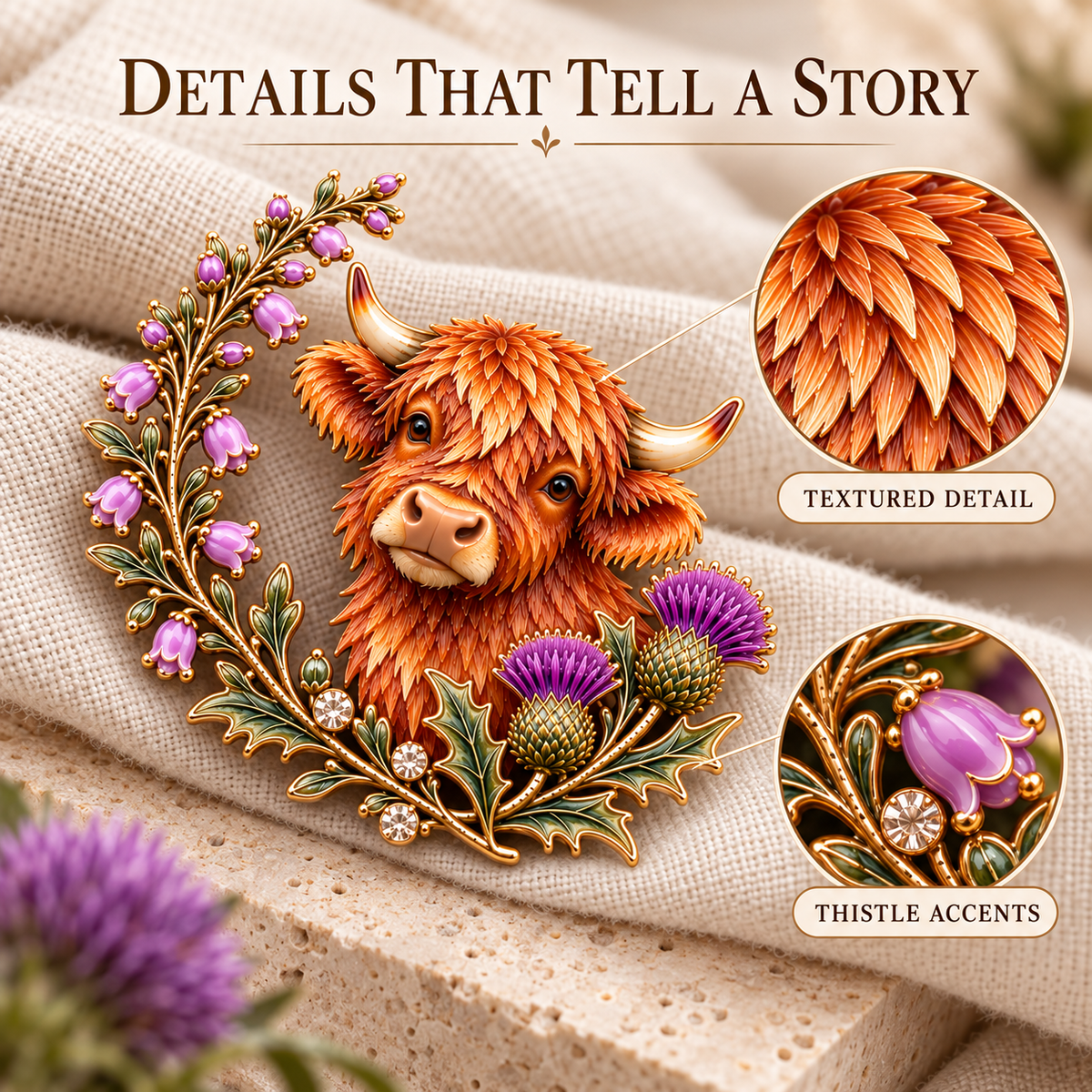 🐮Vache des Highlands et chardon 🏴󠁧󠁢󠁳󠁣󠁴󠁿 Broche en émail « Scottish Heritage »