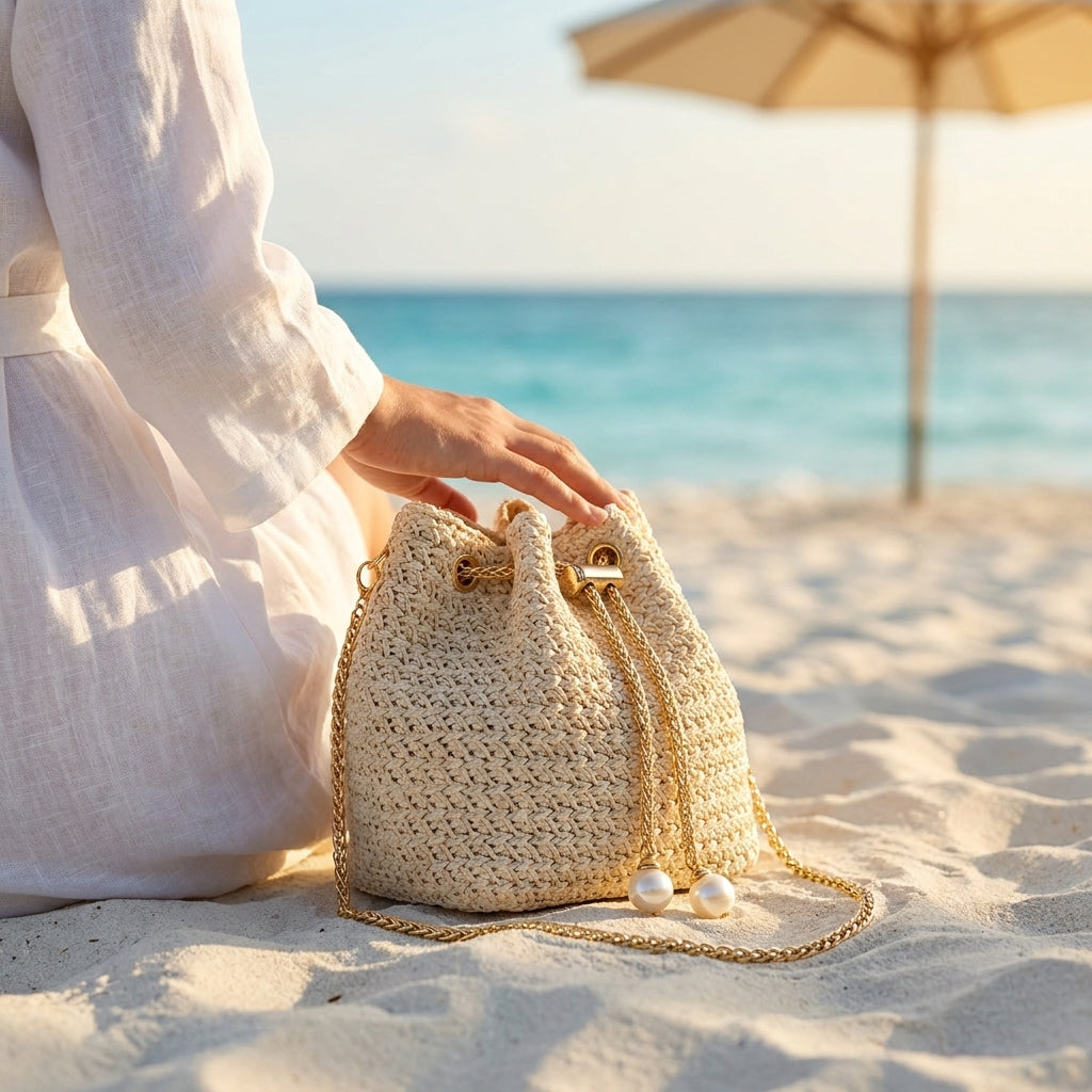 Sac seau en paille tressée avec chaîne à cordon pour femme  – Nouveau style d'été, navette, style coréen, sac à bandoulière uni simple