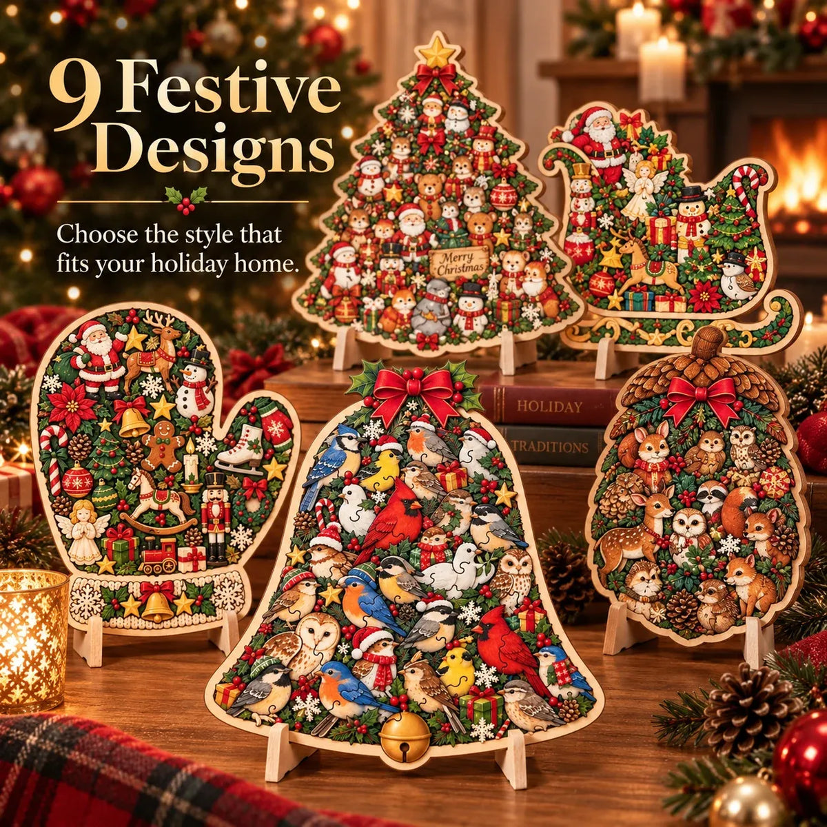 🎄Puzzle de Noël en bois avec support | 9 motifs festifs à assembler et à exposer 🧩