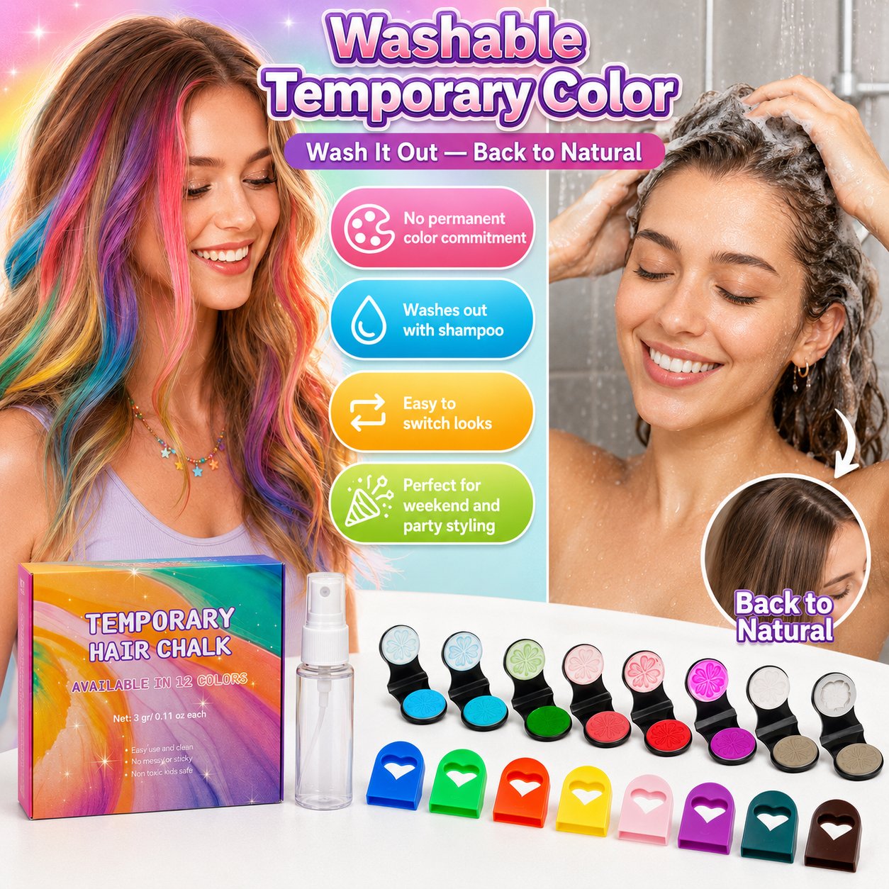 🔥Dernier jour : 50 % de réduction - 🌈 Kit d'applicateurs de craies capillaires temporaires, 12 couleurs