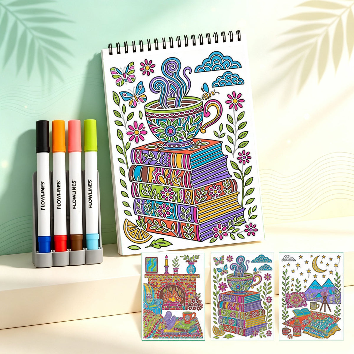 🌿  Cahier de coloriage « Flow Art » avec instructions et feutres double face 🎨