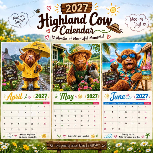 Calendrier mural humoristique « Highland Cow » 2027, format A4
