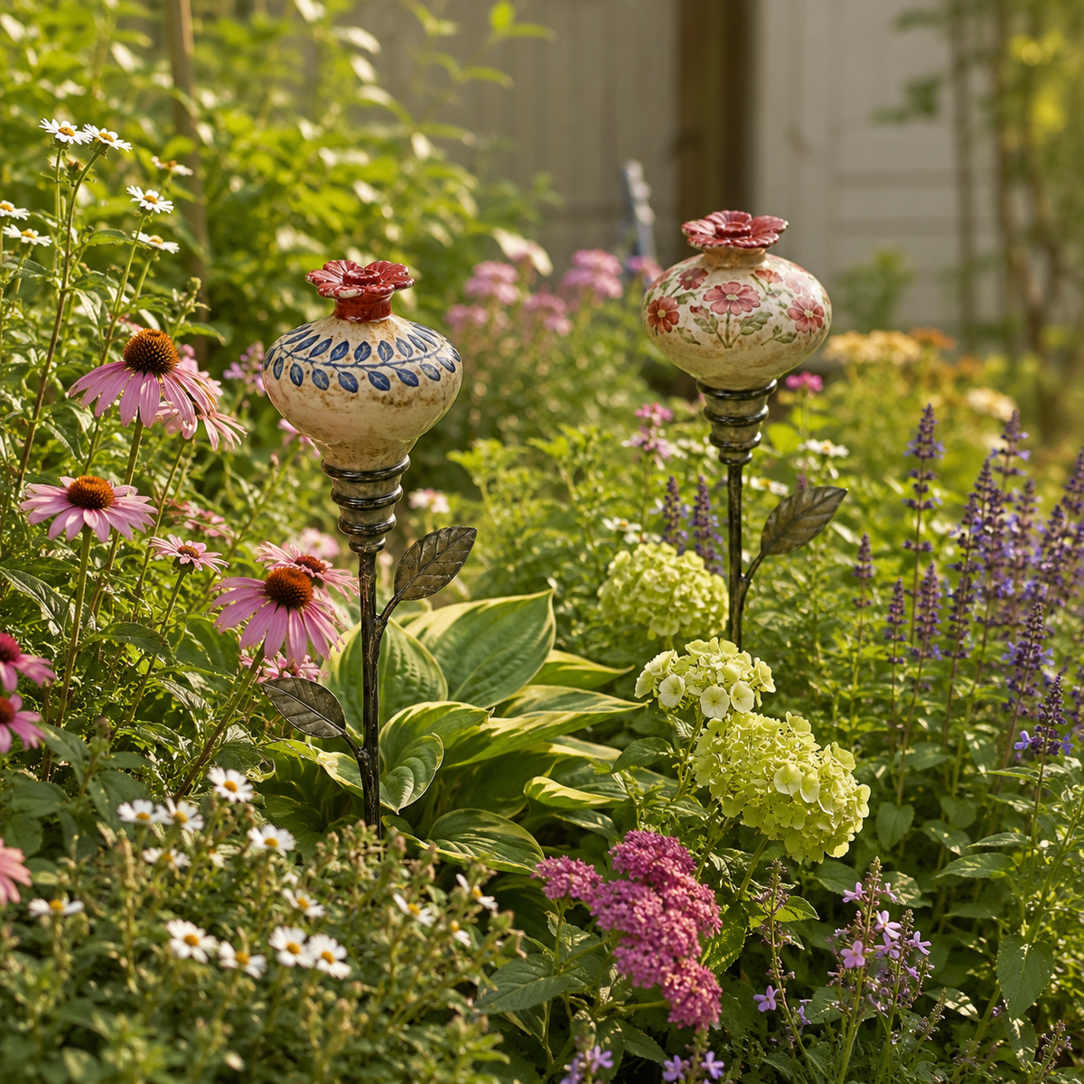 Piquet de jardin vintage en céramique avec mangeoire pour colibris