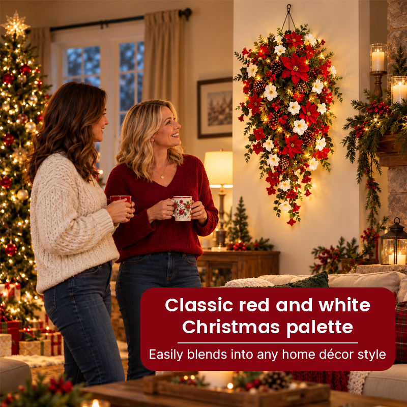 🎄Couronne de Noël en cascade — Lumières chaleureuses, fleurs rouges et blanches, un point de mire immédiat