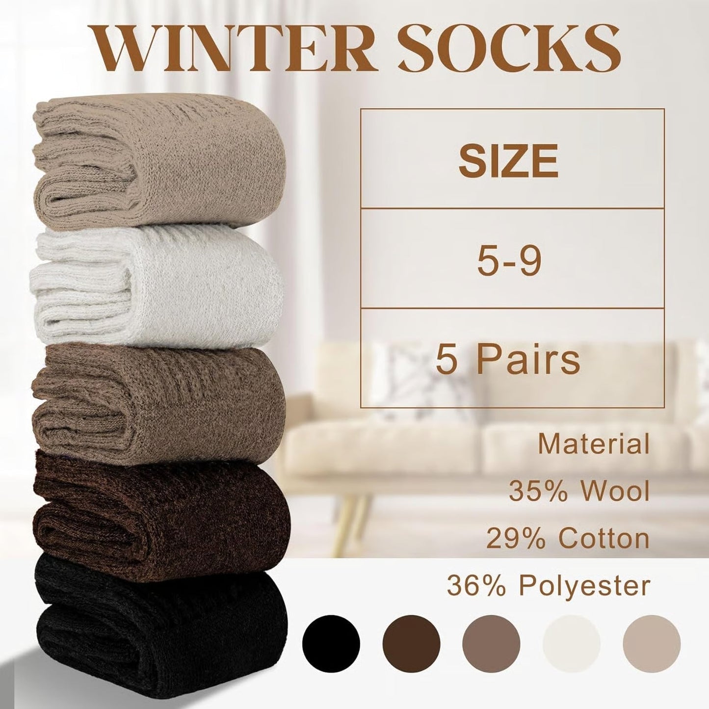 🧦5 paires de chaussettes en laine pour femmes - chaussettes chaudes de hauteur moyenne