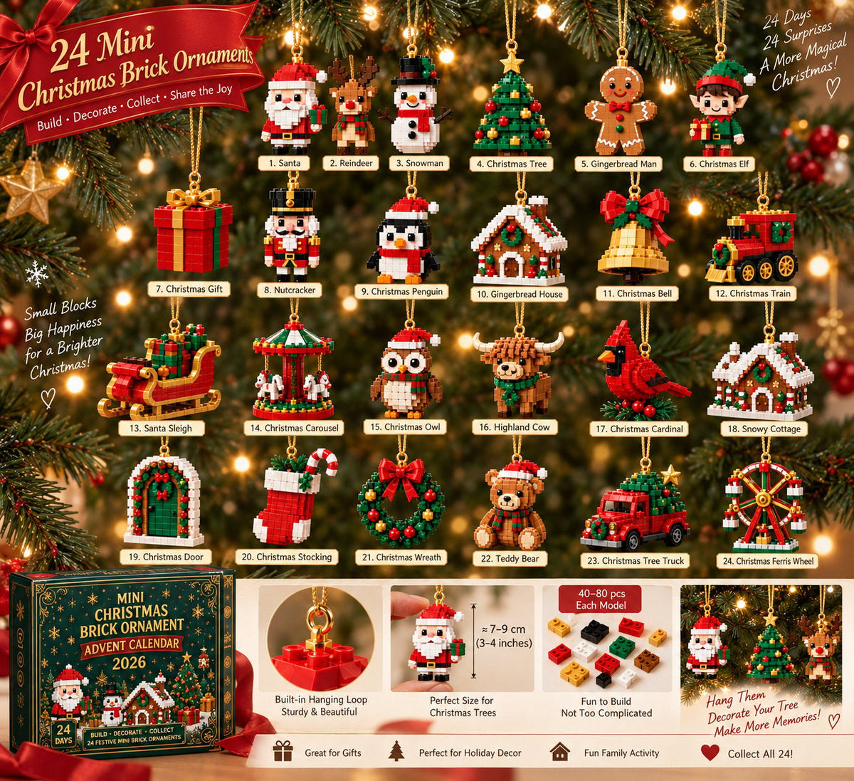 🎄Mini-calendrier de l'Avent de 24 jours avec des blocs de construction | 24 motifs de Noël uniques à assembler, avec des boucles de suspension pour les sapins de Noël, les guirlandes et les décorations de fête 🧱