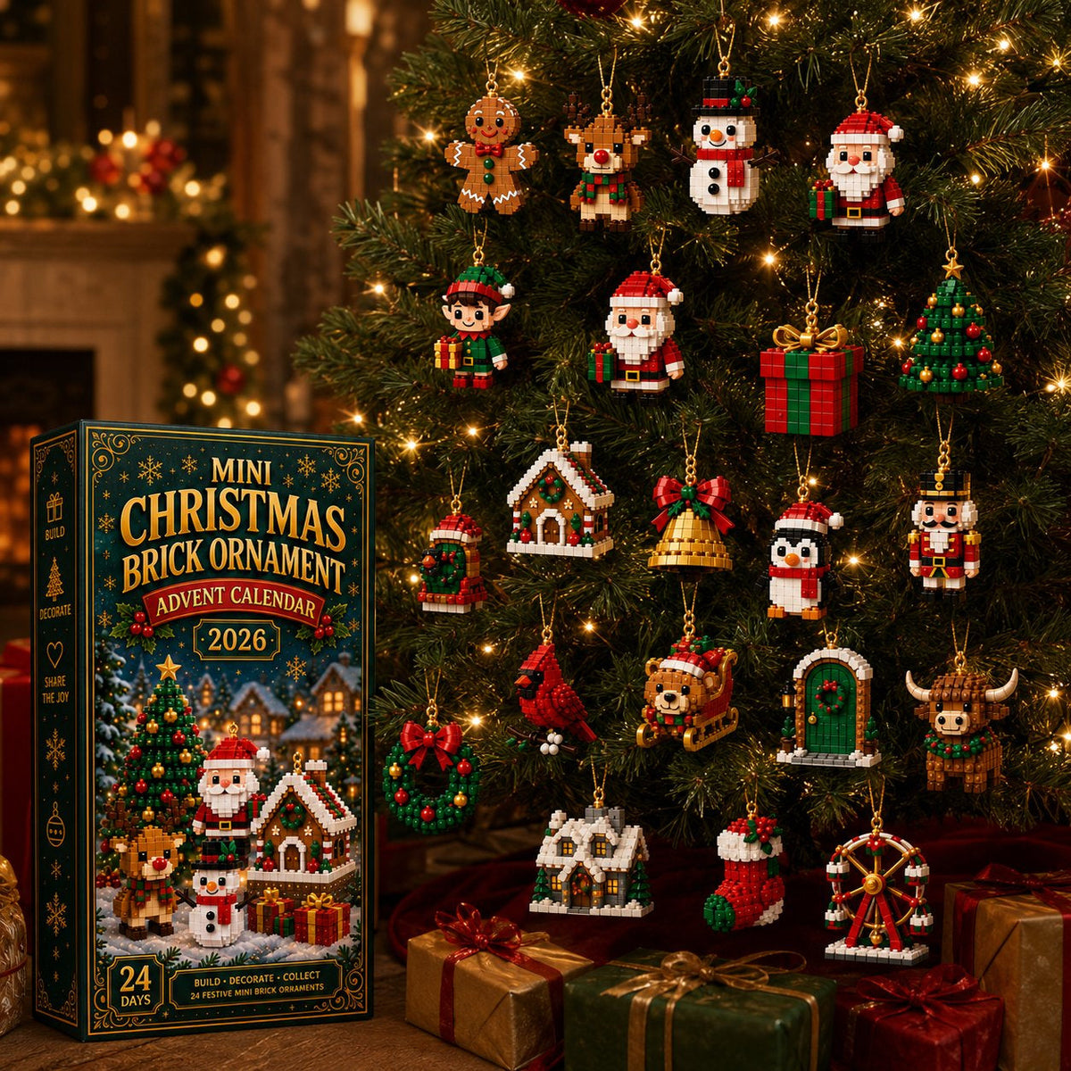 🎄Mini-calendrier de l'Avent de 24 jours avec des blocs de construction | 24 motifs de Noël uniques à assembler, avec des boucles de suspension pour les sapins de Noël, les guirlandes et les décorations de fête 🧱
