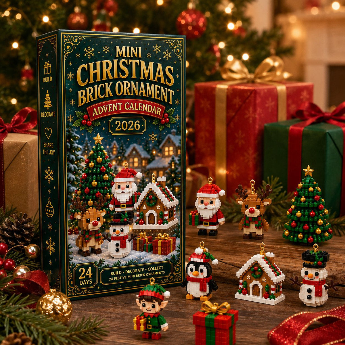 🎄Mini-calendrier de l'Avent de 24 jours avec des blocs de construction | 24 motifs de Noël uniques à assembler, avec des boucles de suspension pour les sapins de Noël, les guirlandes et les décorations de fête 🧱