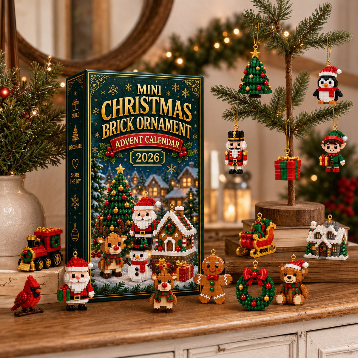 🎄Mini-calendrier de l'Avent de 24 jours avec des blocs de construction | 24 motifs de Noël uniques à assembler, avec des boucles de suspension pour les sapins de Noël, les guirlandes et les décorations de fête 🧱