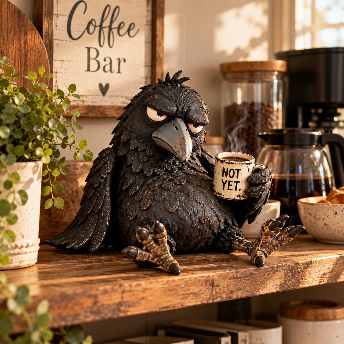 Figurine « Grumpy Coffee Raven » – Décoration matinale humoristique « Pas encore »