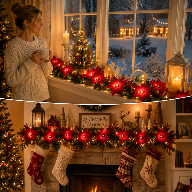 😍 🎄 Guirlande lumineuse « Étoile de Noël » – Guirlande LED de 2 m aux couleurs chaudes, ornée de fleurs rouges et de feuilles de houx