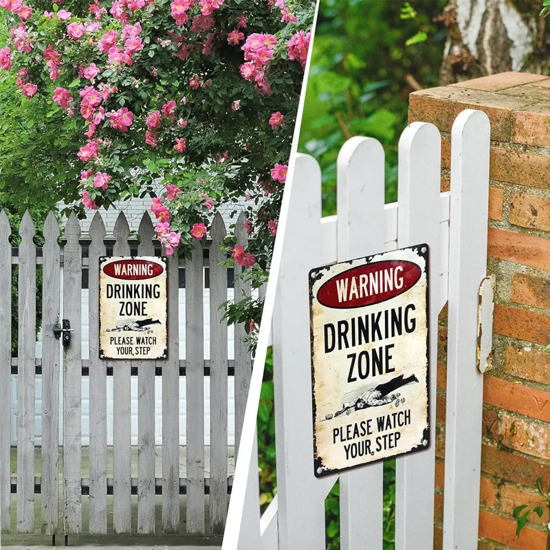 Panneau métallique vintage de bar avec avertissement humoristique « Zone de consommation d'alcool » 🍻🚧