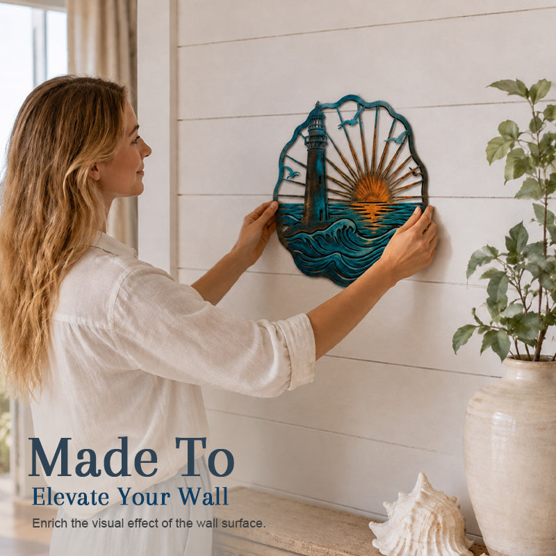 🌅 Fresque murale « Golden Harbour Lighthouse » – Décoration murale vintage en métal, style côtier⚓