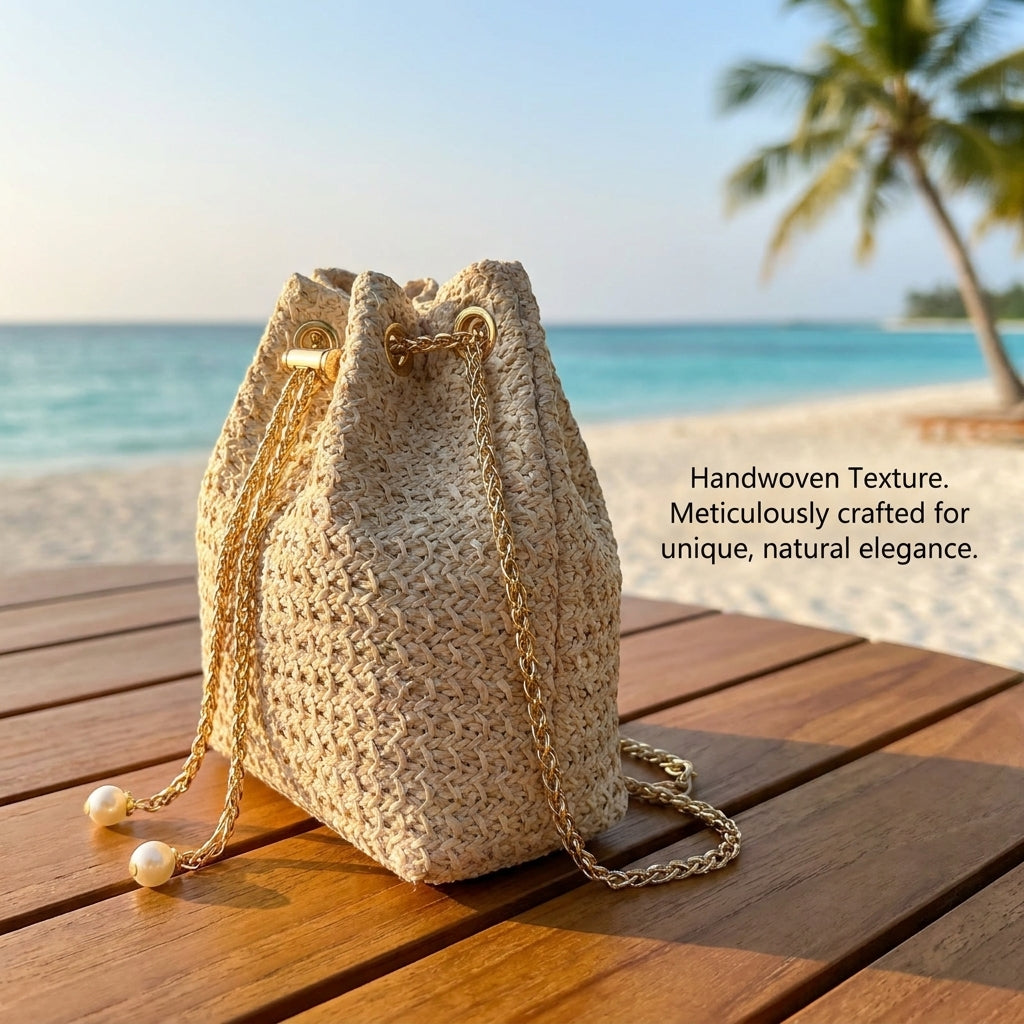 Sac seau en paille tressée avec chaîne à cordon pour femme  – Nouveau style d'été, navette, style coréen, sac à bandoulière uni simple