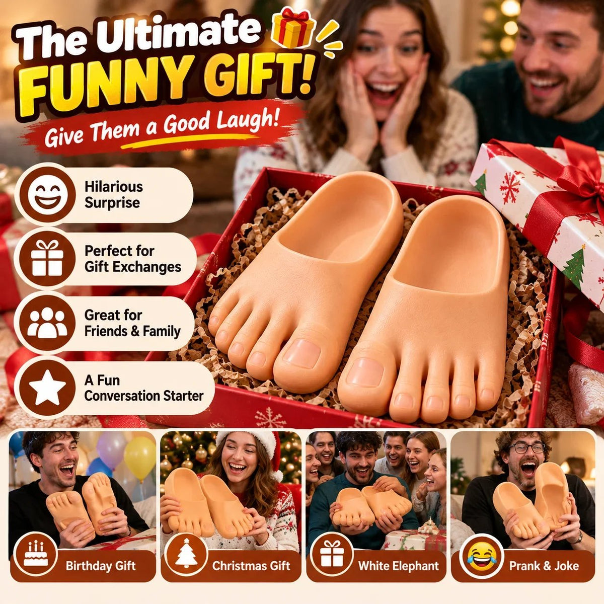 😂 Pantoufles réalistes « pieds nus » – Pantoufles rigolotes à orteils géants, cadeau farce hilarant 👣