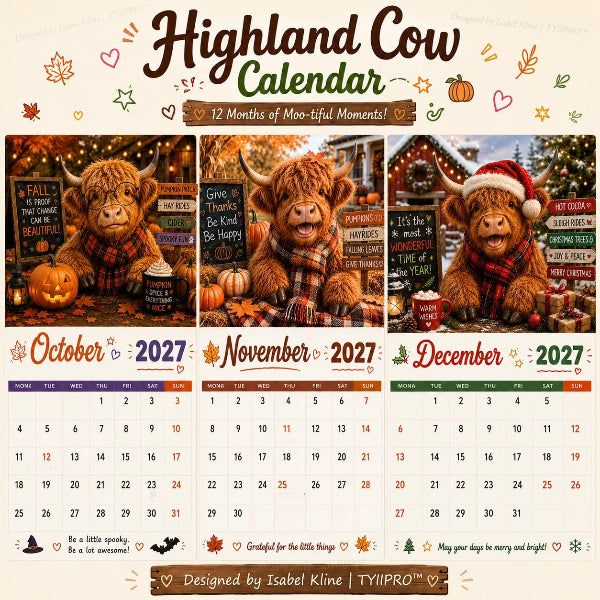 Calendrier mural humoristique « Highland Cow » 2027, format A4