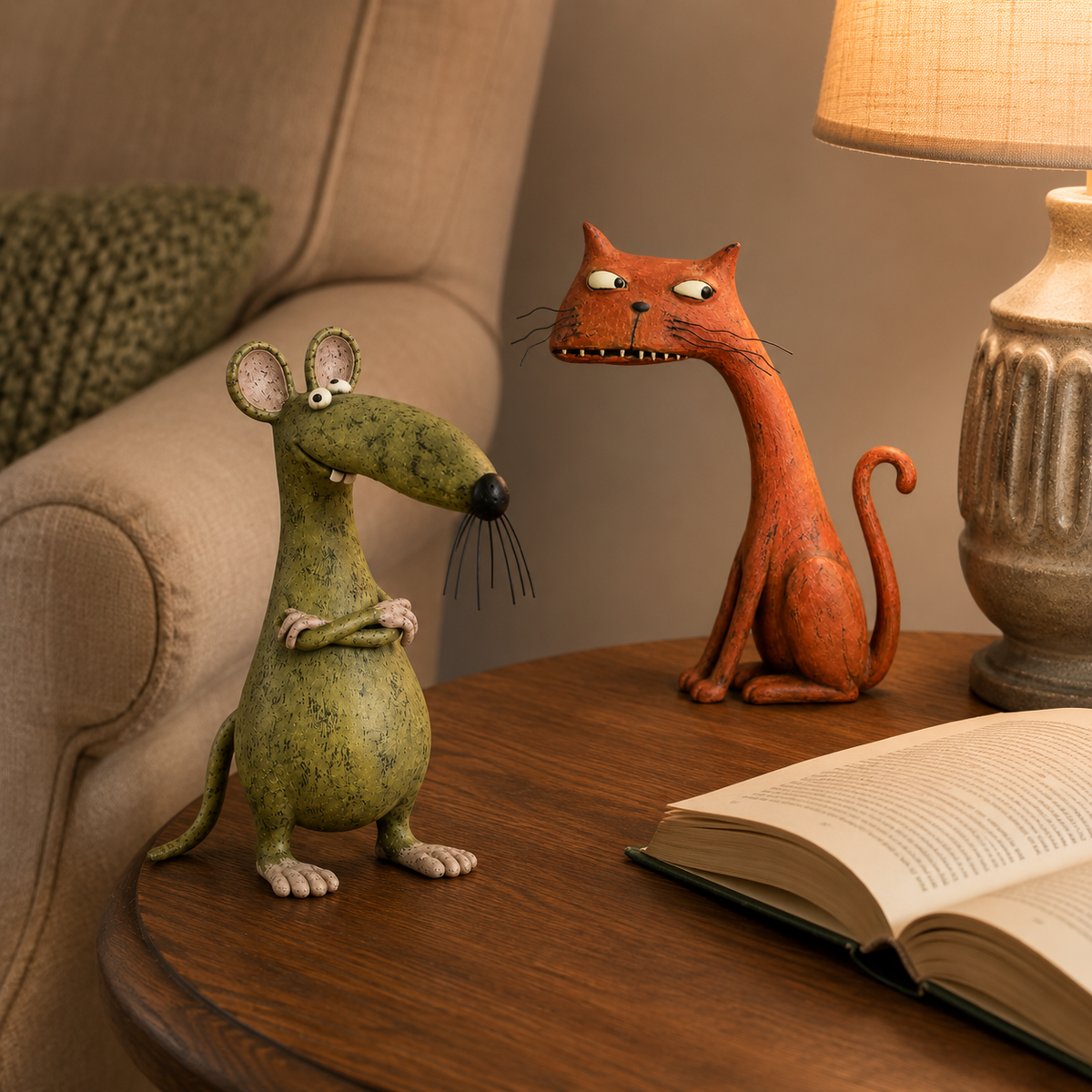 Figurine vintage fantaisiste représentant une souris et un chat