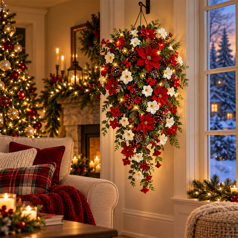 🎄Couronne de Noël en cascade — Lumières chaleureuses, fleurs rouges et blanches, un point de mire immédiat