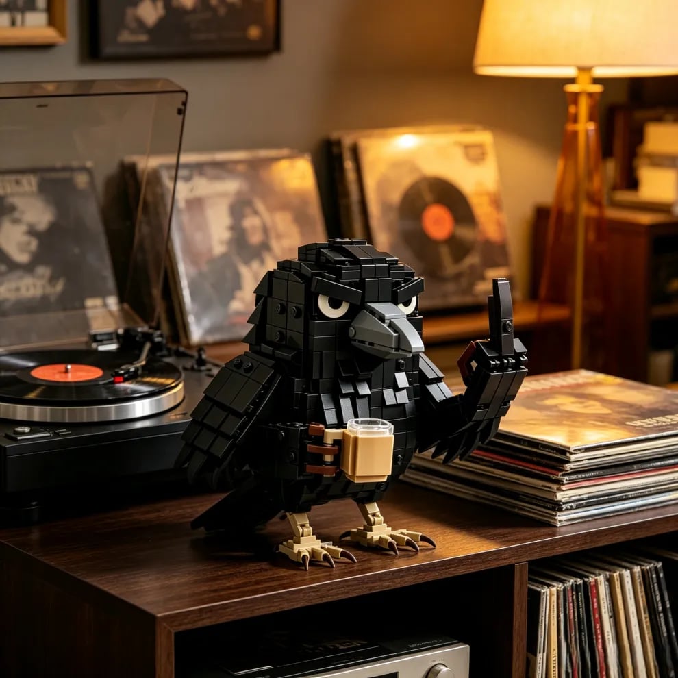 🐦‍⬛ Corbeau sarcastique et café — Jeu de construction – Décoration de bureau humoristique « Ne pas déranger »