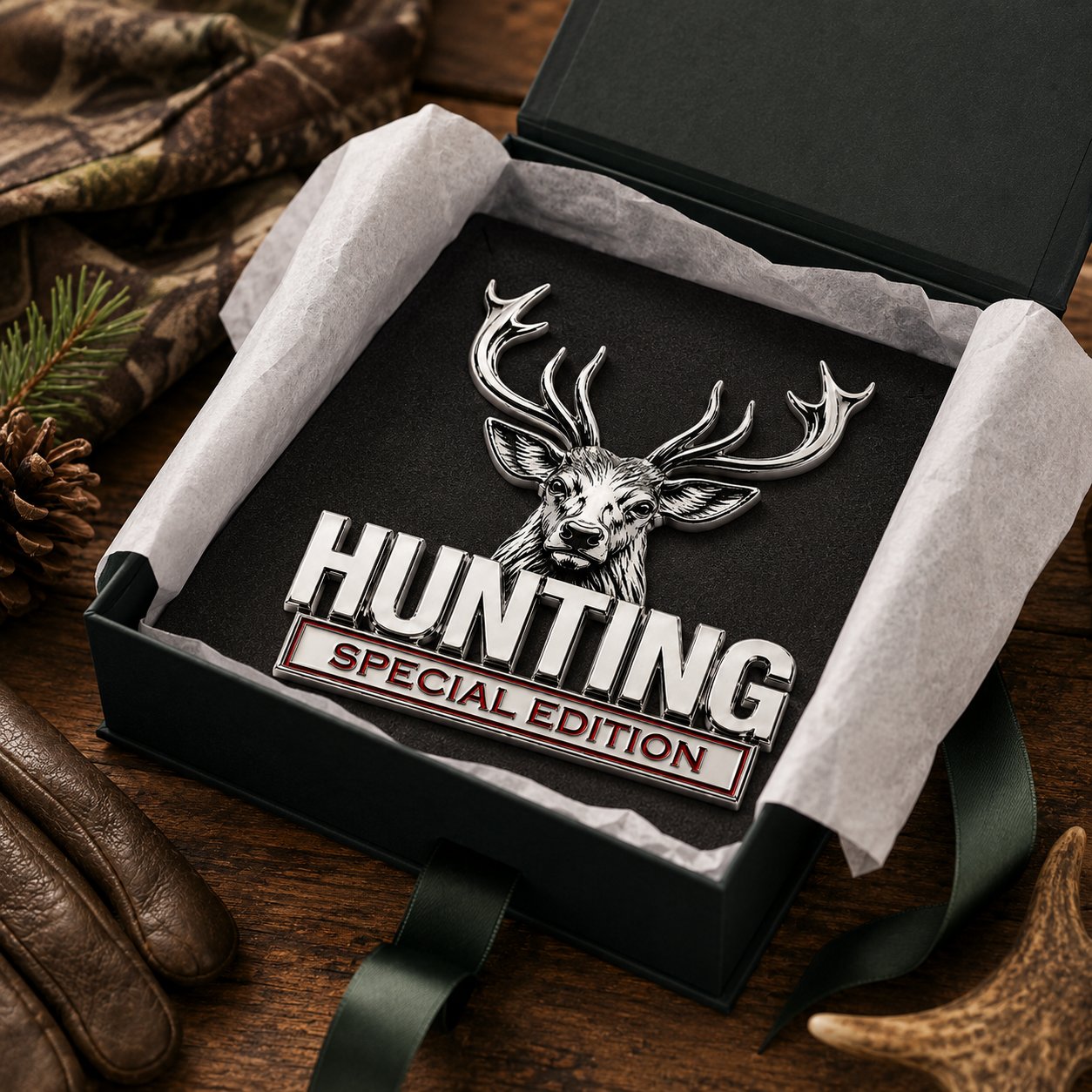 🦌 Emblème « HUNTING » Édition spéciale – Insigne automobile haut de gamme en métal 3D pour les passionnés de chasse