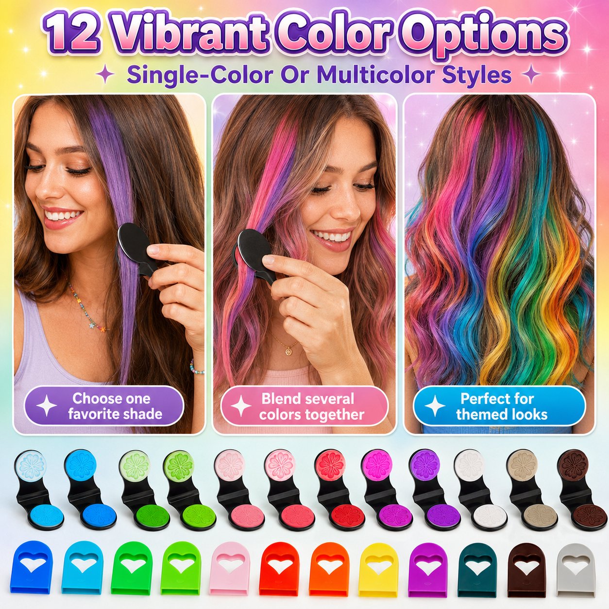 🔥Dernier jour : 50 % de réduction - 🌈 Kit d'applicateurs de craies capillaires temporaires, 12 couleurs