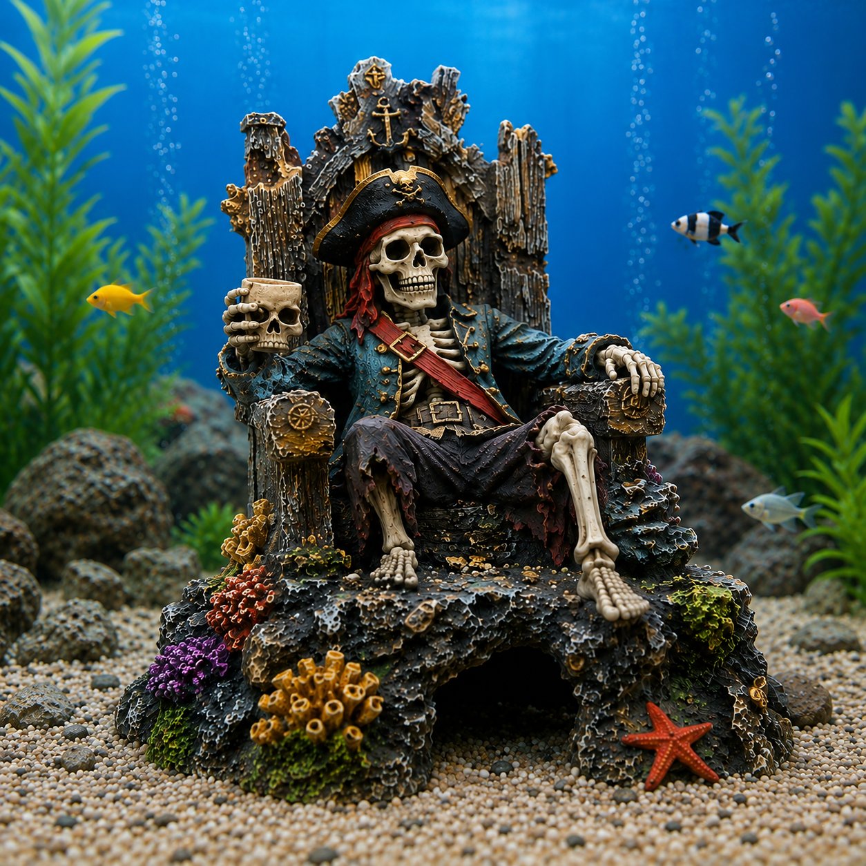 🌊☠️Décoration pour aquarium : grotte-repaire avec trône de squelette de pirate sous-marin