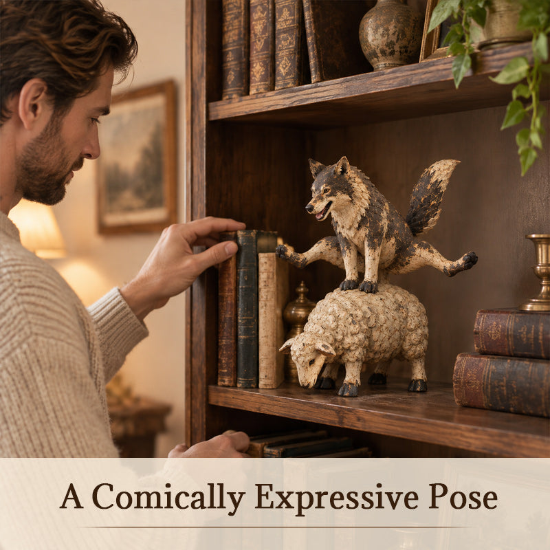 🐺Figurine amusante représentant un loup chevauchant un mouton🐑 | Statue d'animal de style rustique et champêtre