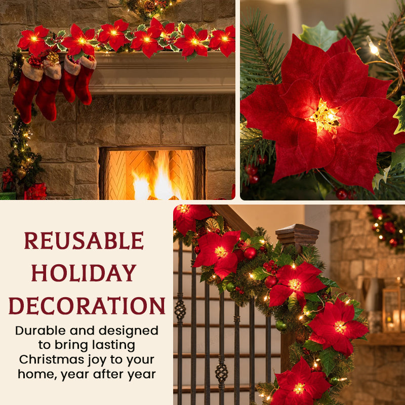 😍 🎄 Guirlande lumineuse « Étoile de Noël » – Guirlande LED de 2 m aux couleurs chaudes, ornée de fleurs rouges et de feuilles de houx