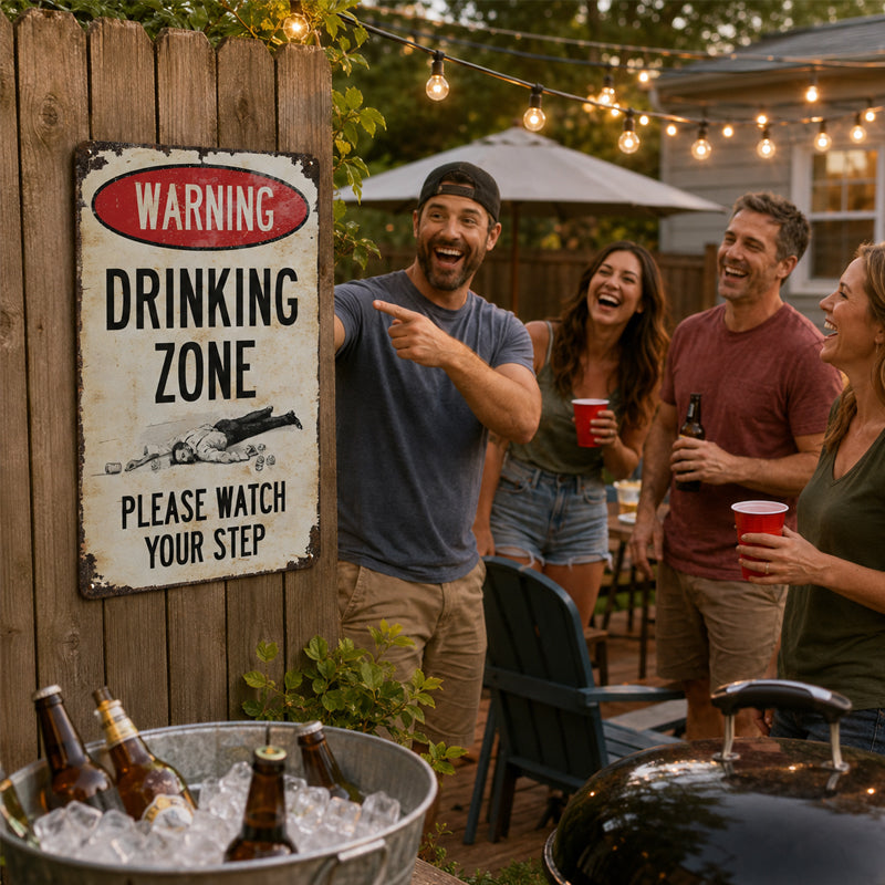 Panneau métallique vintage de bar avec avertissement humoristique « Zone de consommation d'alcool » 🍻🚧