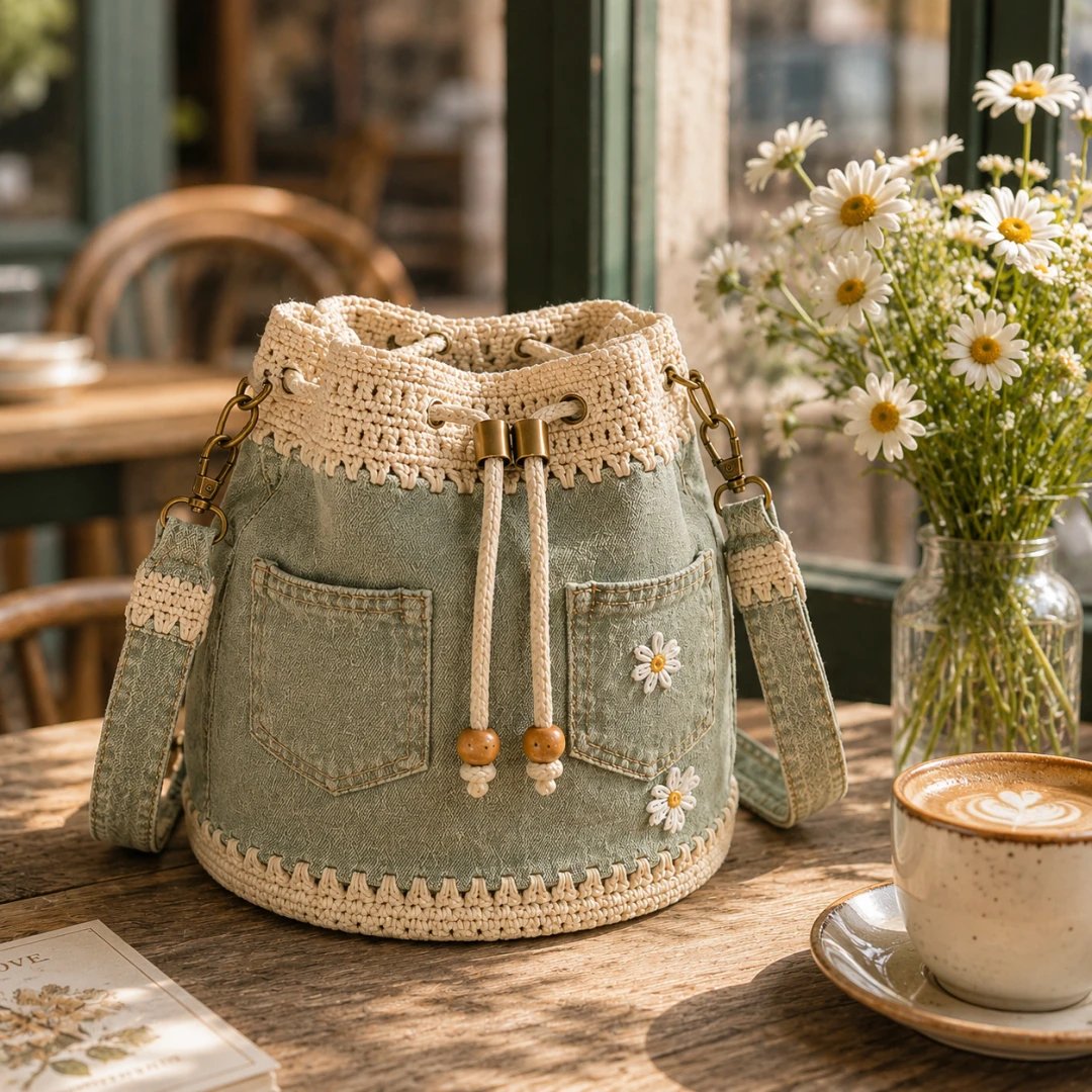 🔥PROMOTION EXCEPTIONNELLE : 50 % DE RÉDUCTION✨👜Sac seau en denim au crochet
