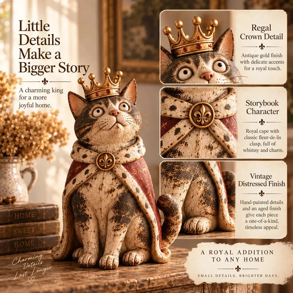 👑 Figurines « Medieval Cat Court » | 5 personnages royaux d'inspiration vintage pour les étagères, les cheminées et les collectionneurs de chats 🐈