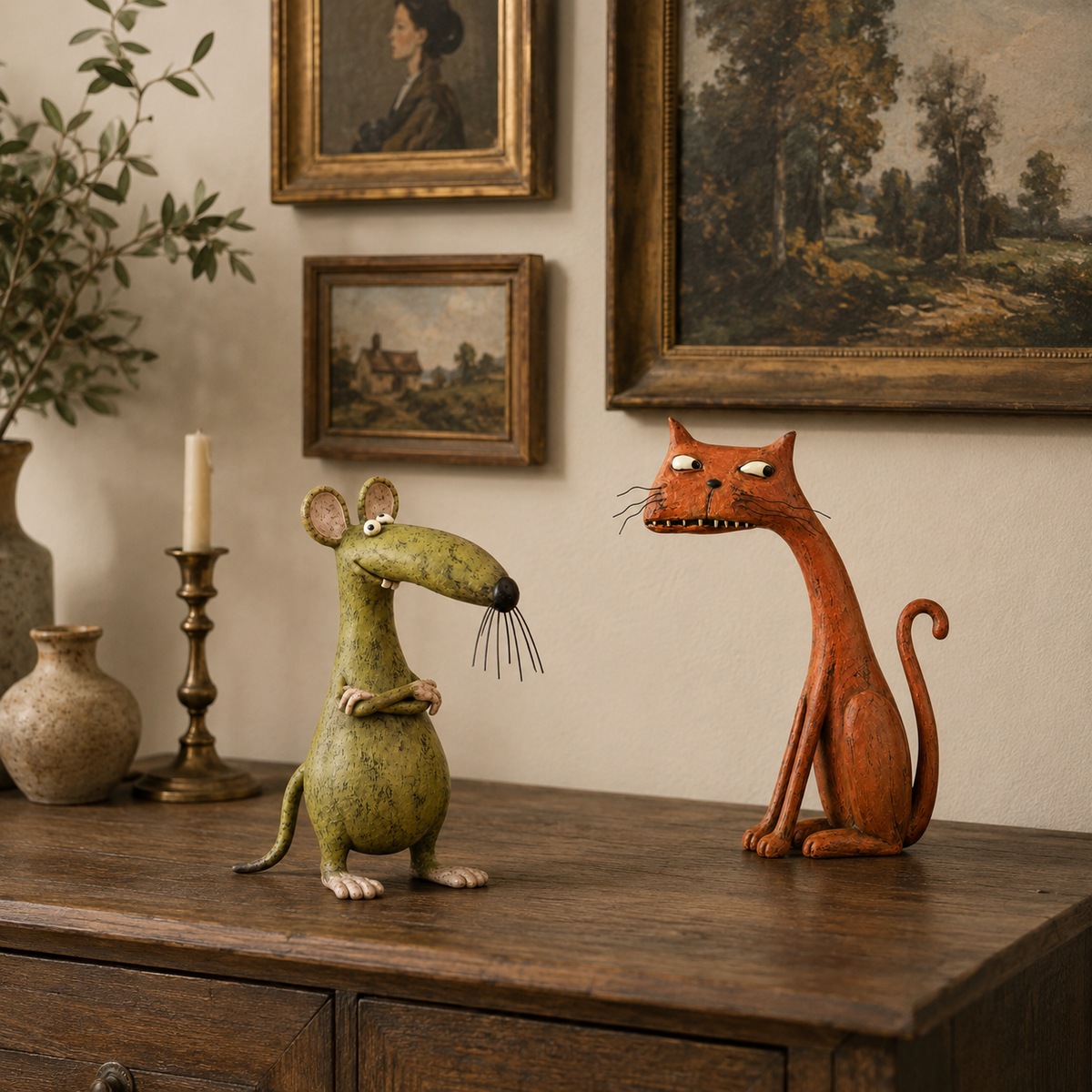 Figurine vintage fantaisiste représentant une souris et un chat