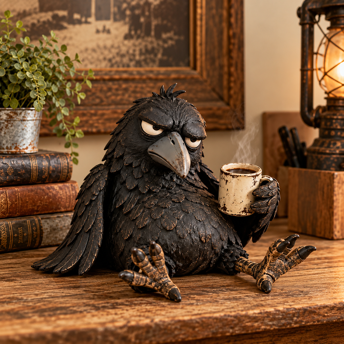Figurine « Grumpy Coffee Raven » – Décoration matinale humoristique « Pas encore »