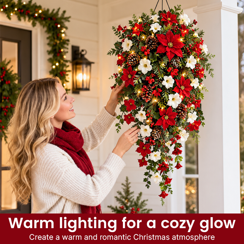 🎄Couronne de Noël en cascade — Lumières chaleureuses, fleurs rouges et blanches, un point de mire immédiat