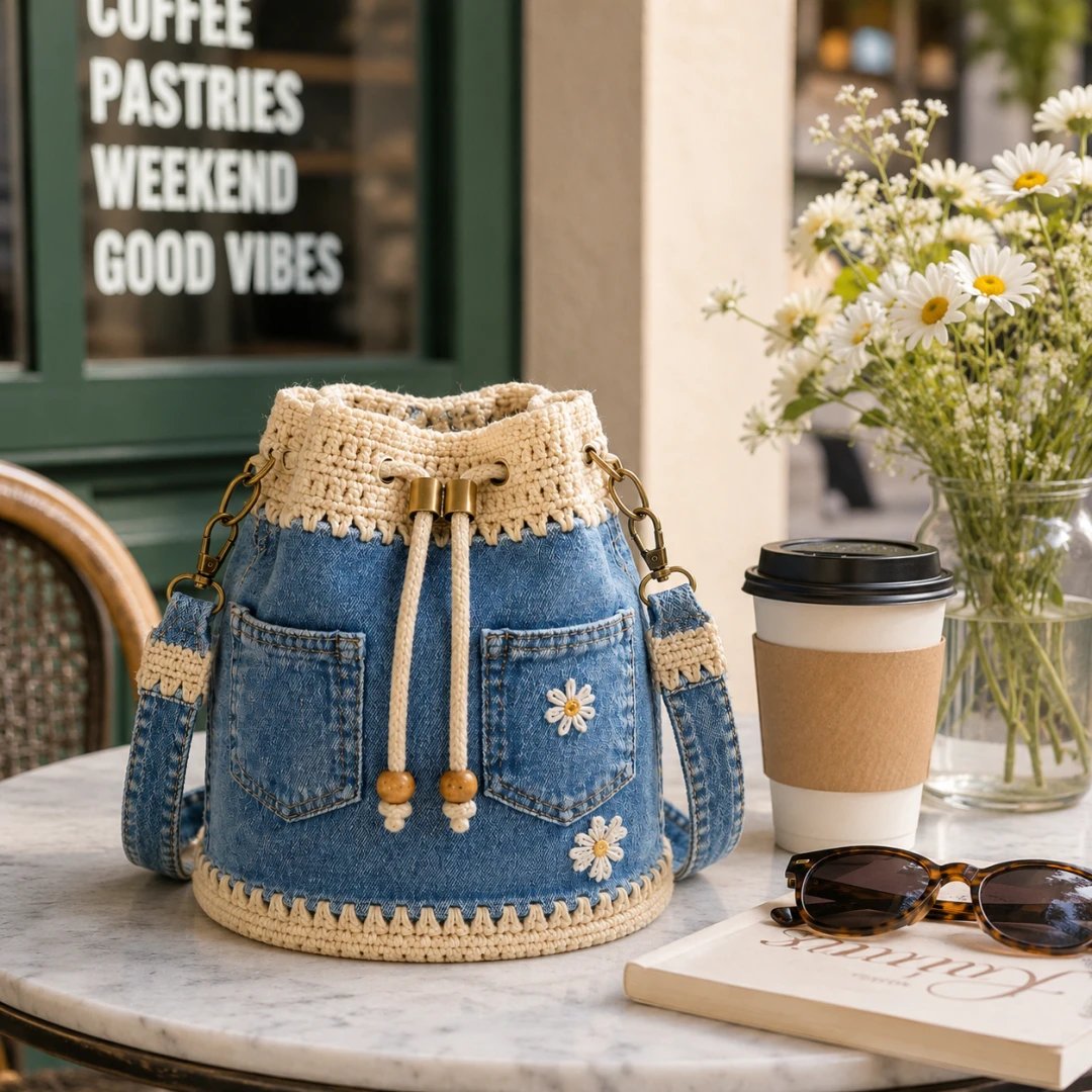 🔥PROMOTION EXCEPTIONNELLE : 50 % DE RÉDUCTION✨👜Sac seau en denim au crochet