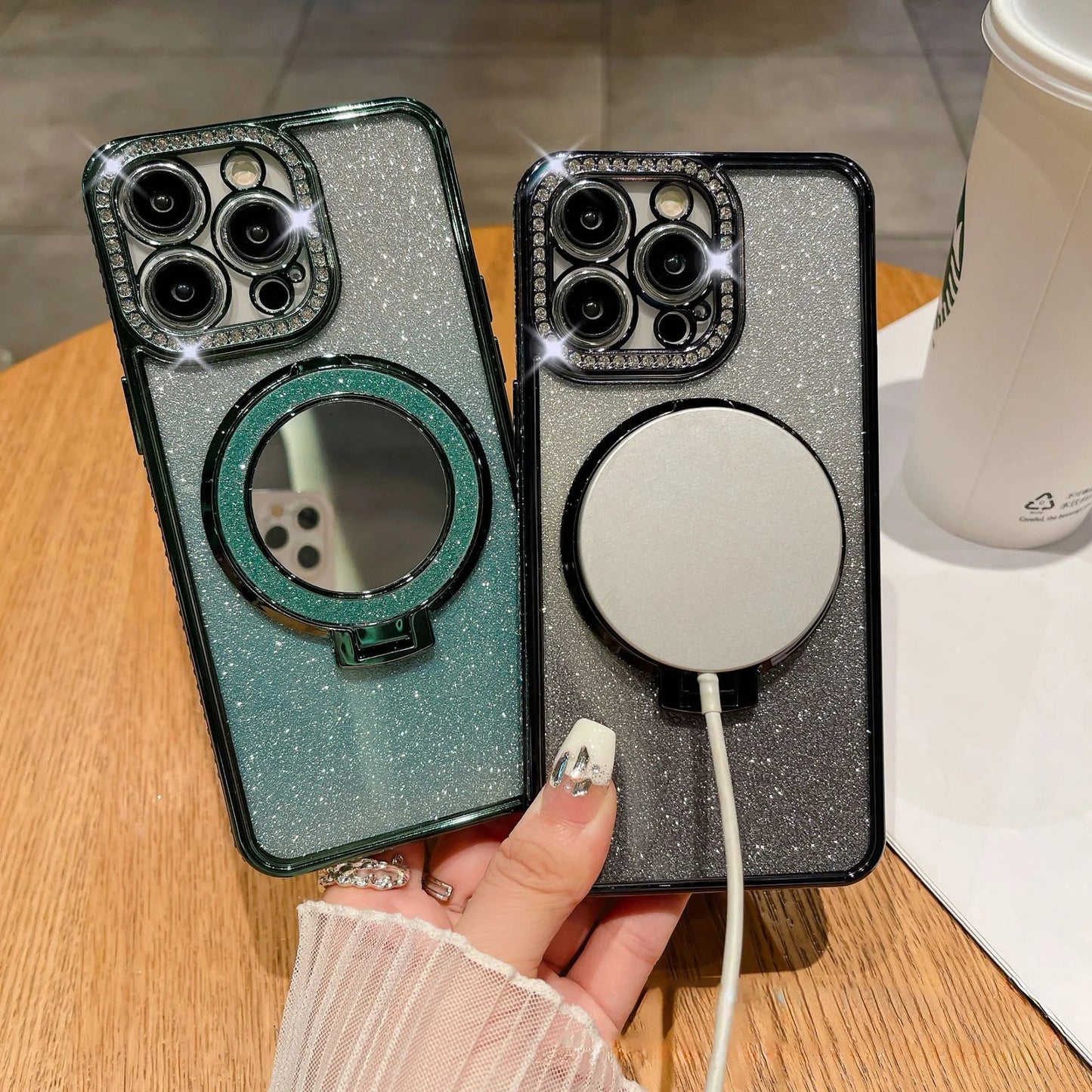 📲✨Étui protecteur pour miroir de maquillage avec support à paillettes dégradées