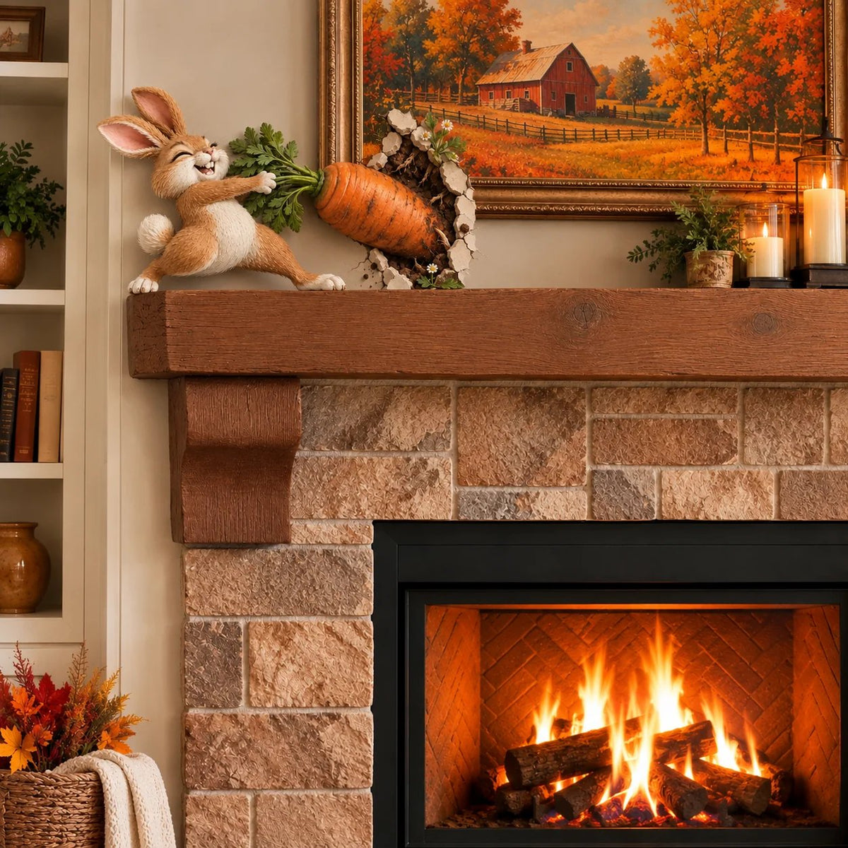 🐰🥕 Décoration murale « Lapin rigolo tirant une carotte » — Décoration de Pâques et du printemps en bois en 3D, à fixer en saillie sur le mur