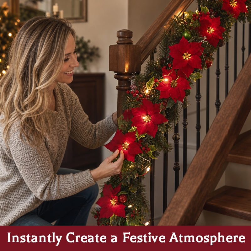 😍 🎄 Guirlande lumineuse « Étoile de Noël » – Guirlande LED de 2 m aux couleurs chaudes, ornée de fleurs rouges et de feuilles de houx