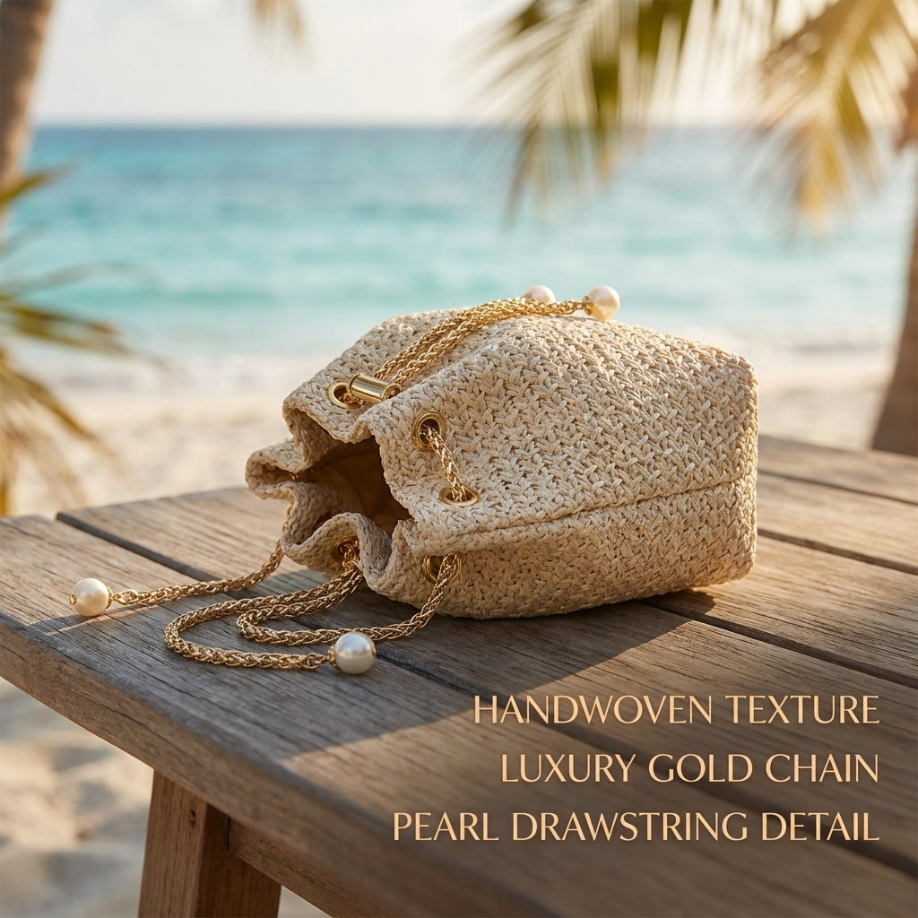 Sac seau en paille tressée avec chaîne à cordon pour femme  – Nouveau style d'été, navette, style coréen, sac à bandoulière uni simple